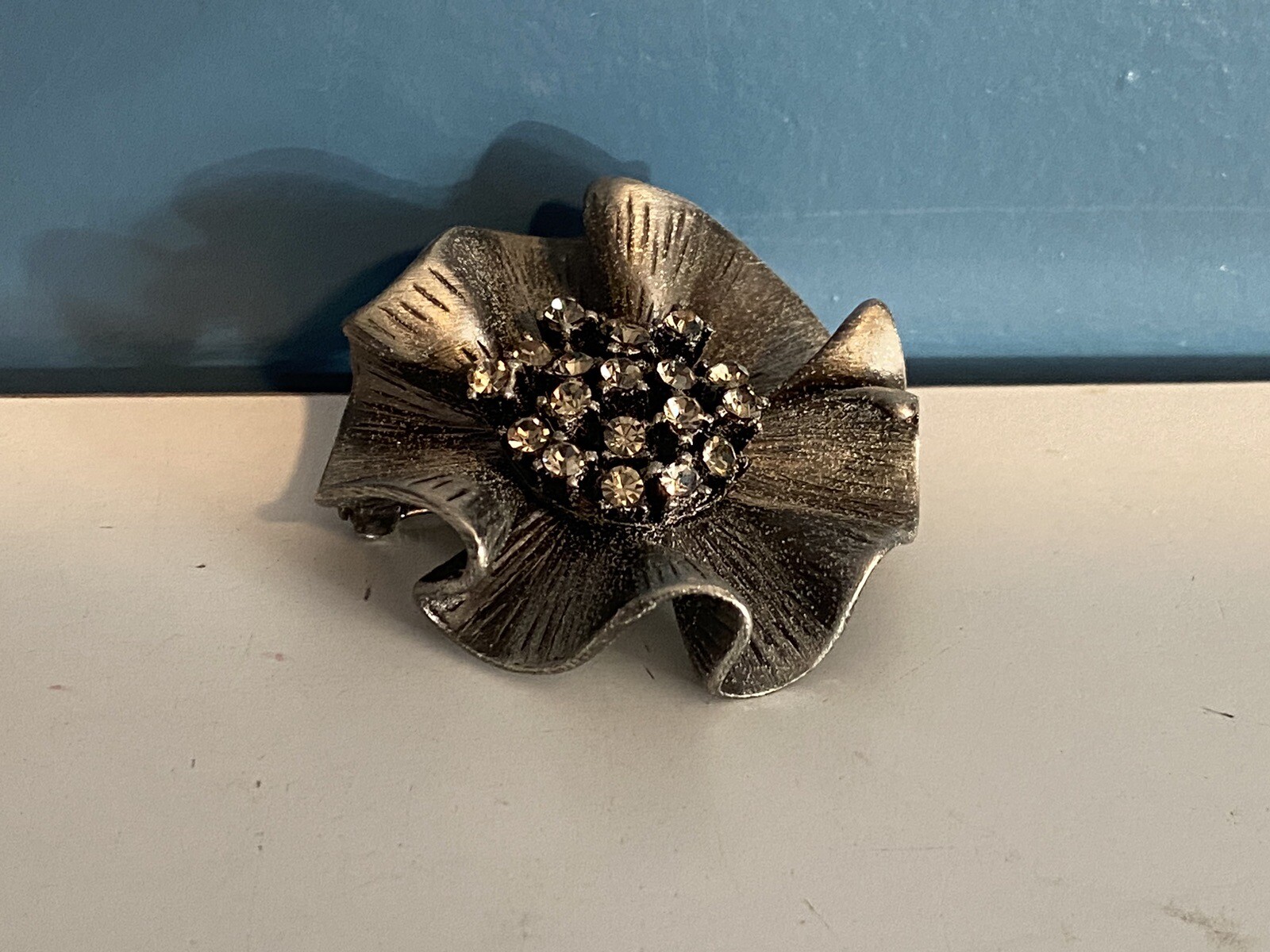 Flower Brooch Pewter Smoked Rhinestone Center 1.75” Wide Textured or Pendant