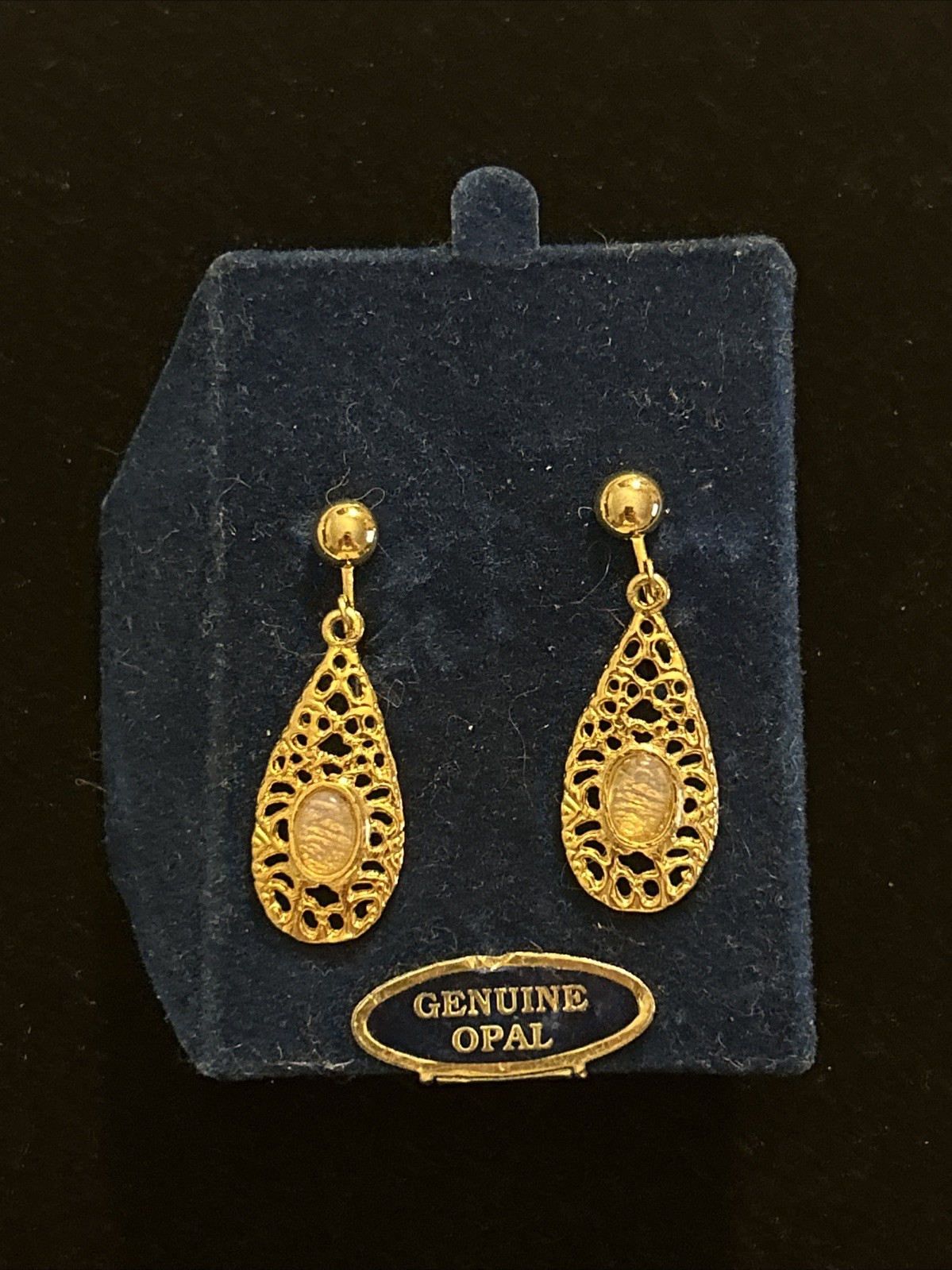 NEW Vintage OPAL Gold Tone Gemstone Filigree Earrings Clip on Dangle VTG GENUINE