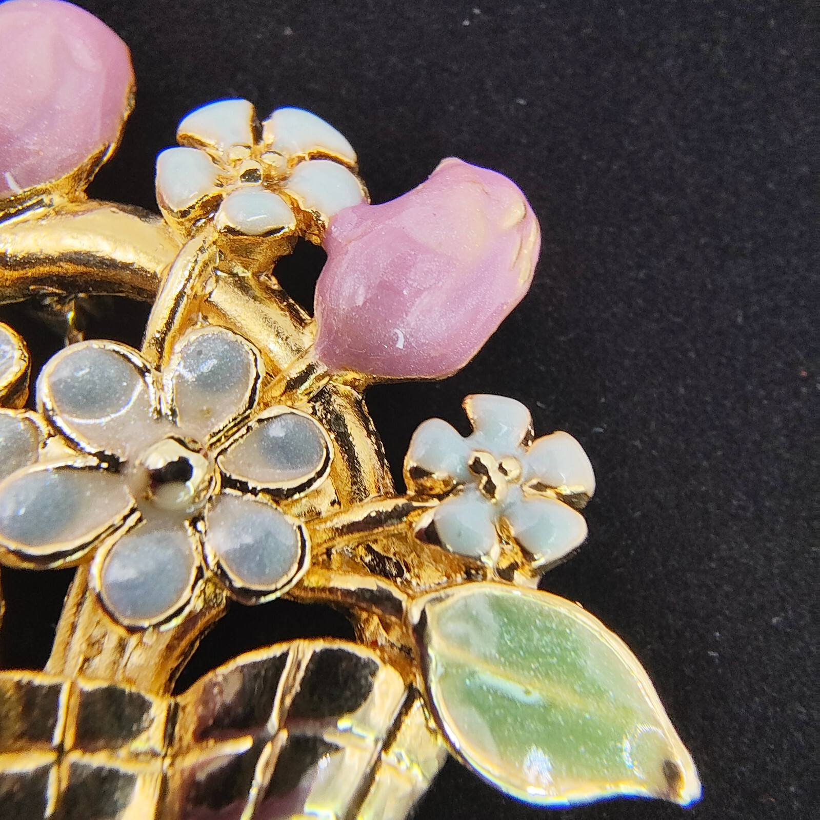 Vintage Flower Basket Brooch Pin Colorful Enamel Gold Tone Cottagecore