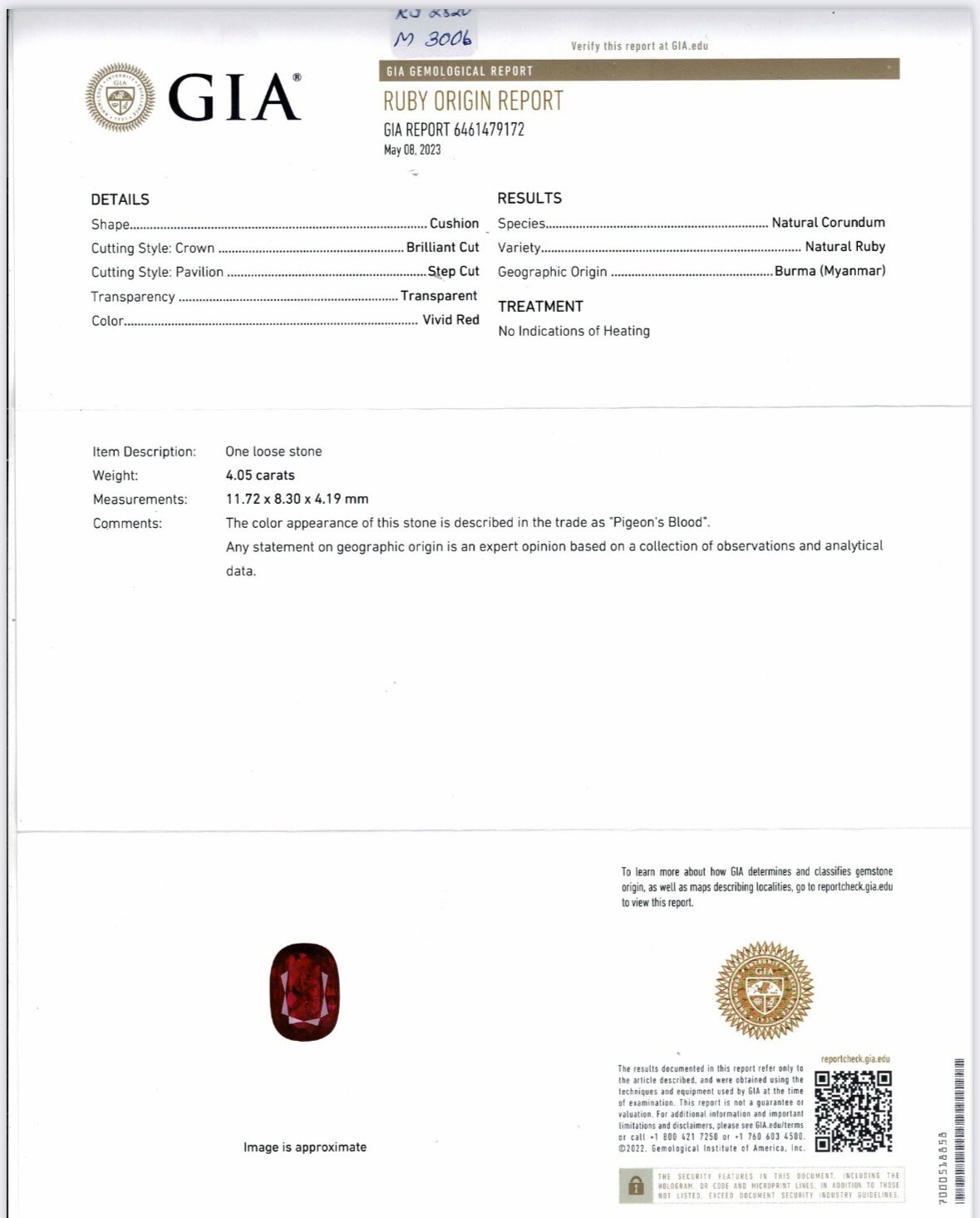18k White Gold Ring 4.05ct.Natural Untreated Burma Ruby Cushion Cut GIA Cert
