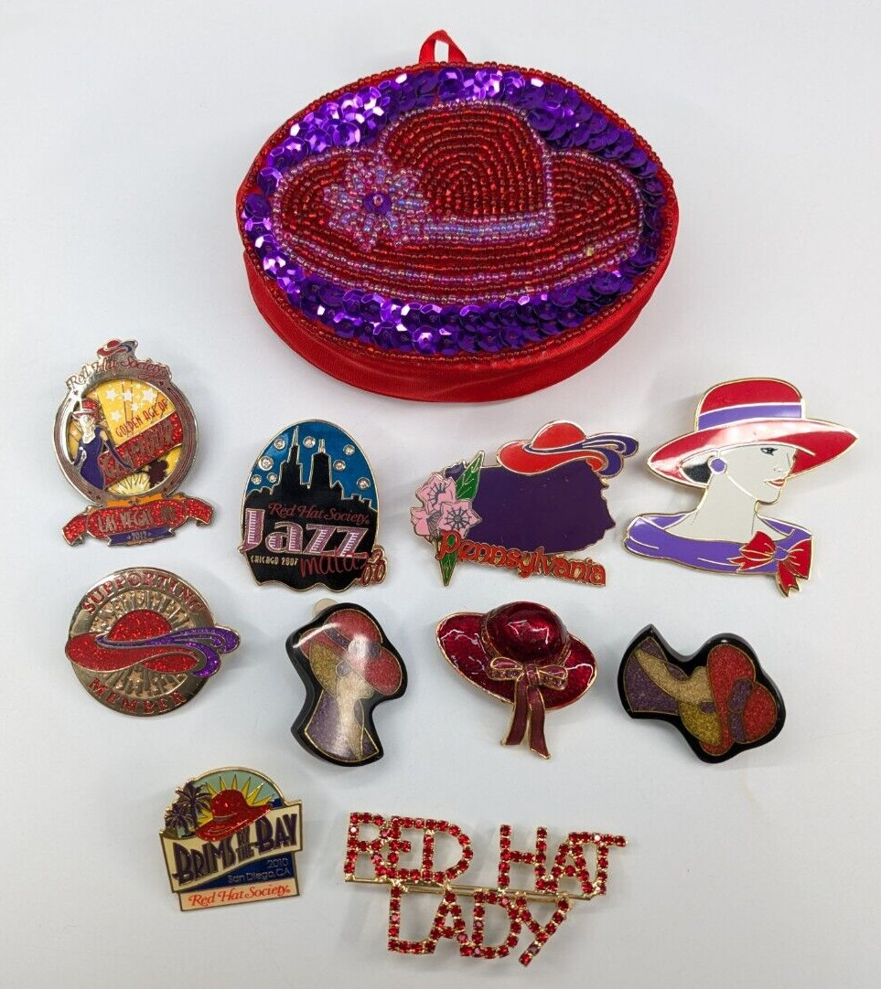 VTG Lot of Red Hat Society Assortment of 10 Brooch Pins Earrings Zipper Pouch