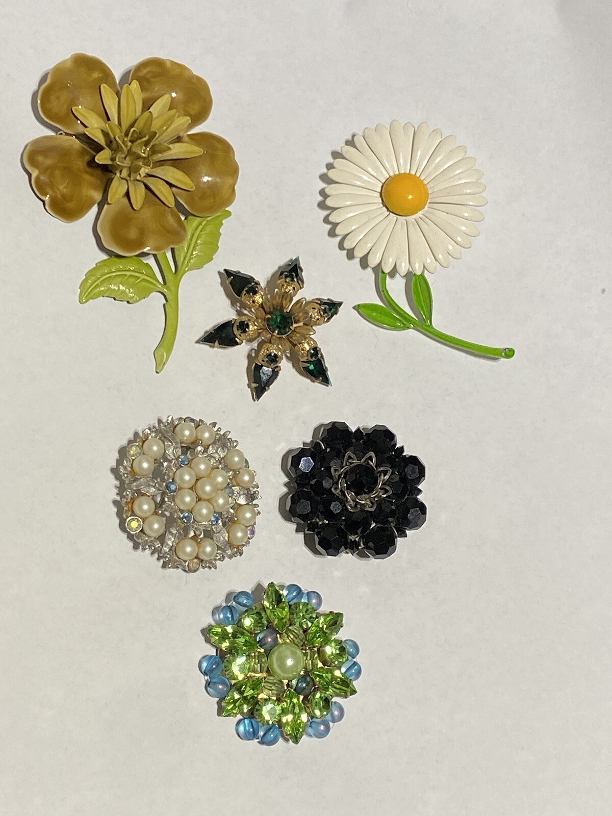 6 Vtg Mod Retro Brooch Metal Enamel Daisy Brown Flower & Rhinestone Brooches MCM