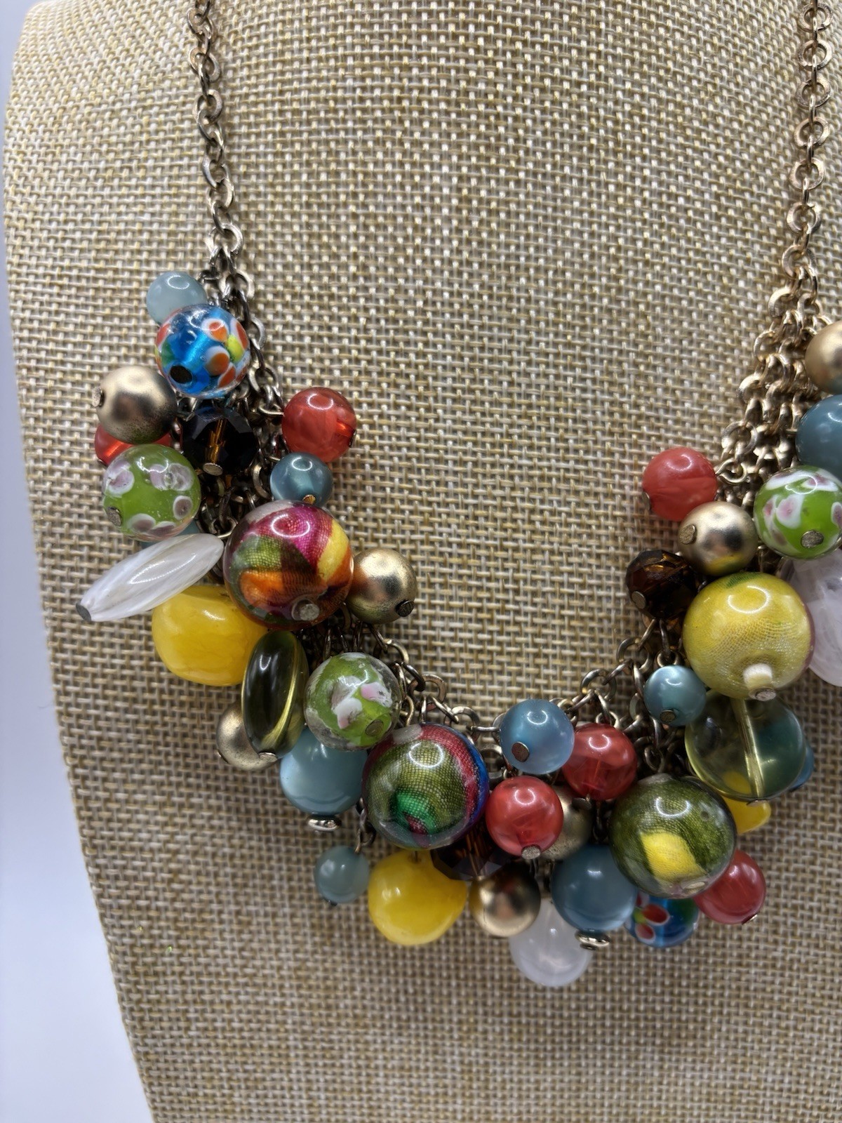 Vintage Chunky Multicolor Beaded Cluster Bib Statement Necklace Artsy Boho 19″
