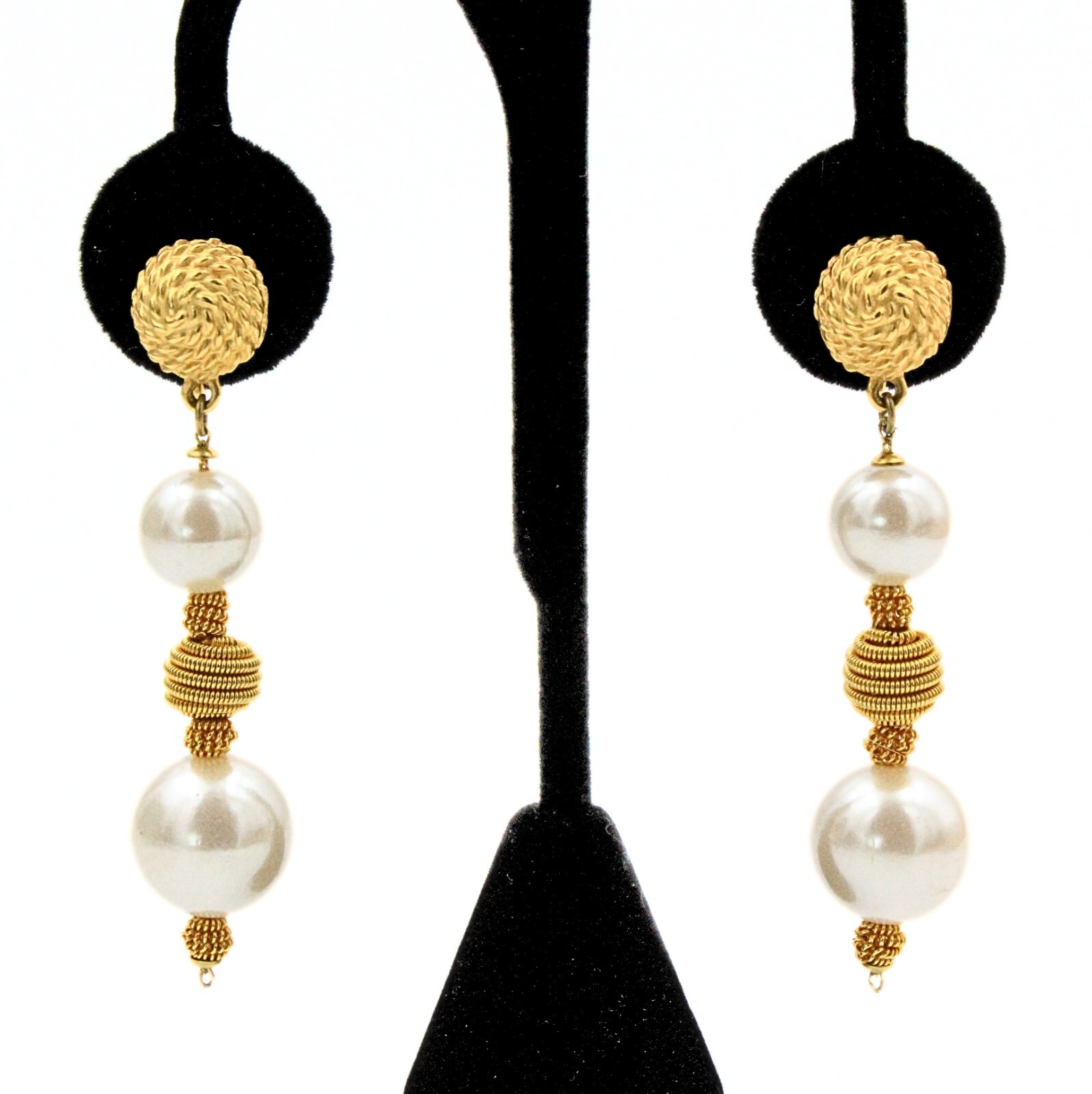Marvelous Classic Faux Pearl Textured Gold Plate Long Dangle Drop Earrings