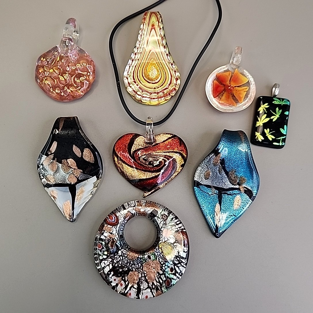 Vintage Glass Pendant Lot of 8 Red Artisan Foiled Fused One Cord