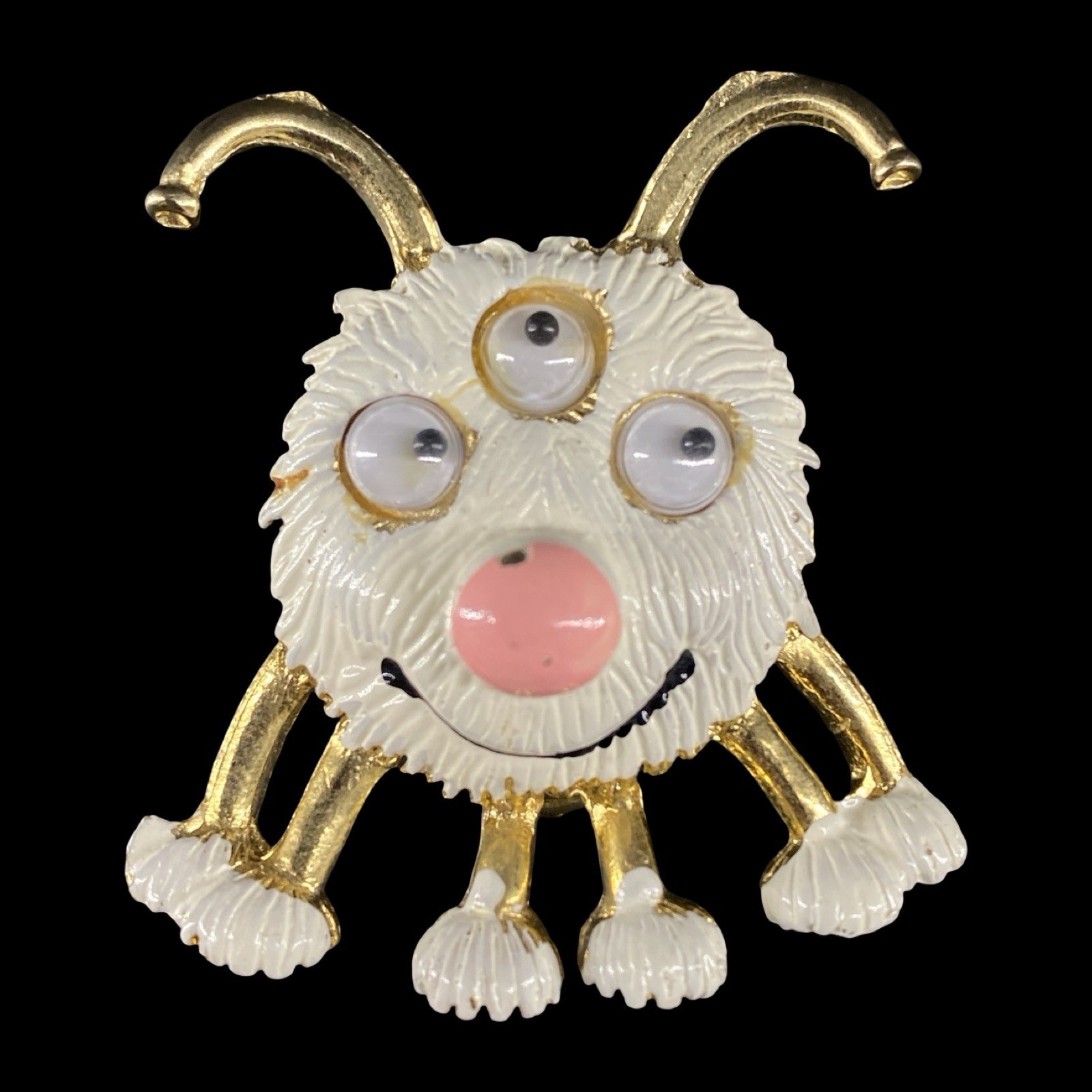 Signed 1971 Enamel Gold Tone Brooch 3-Eyed Monster 6-Legs Wiggle Eyes Antenna