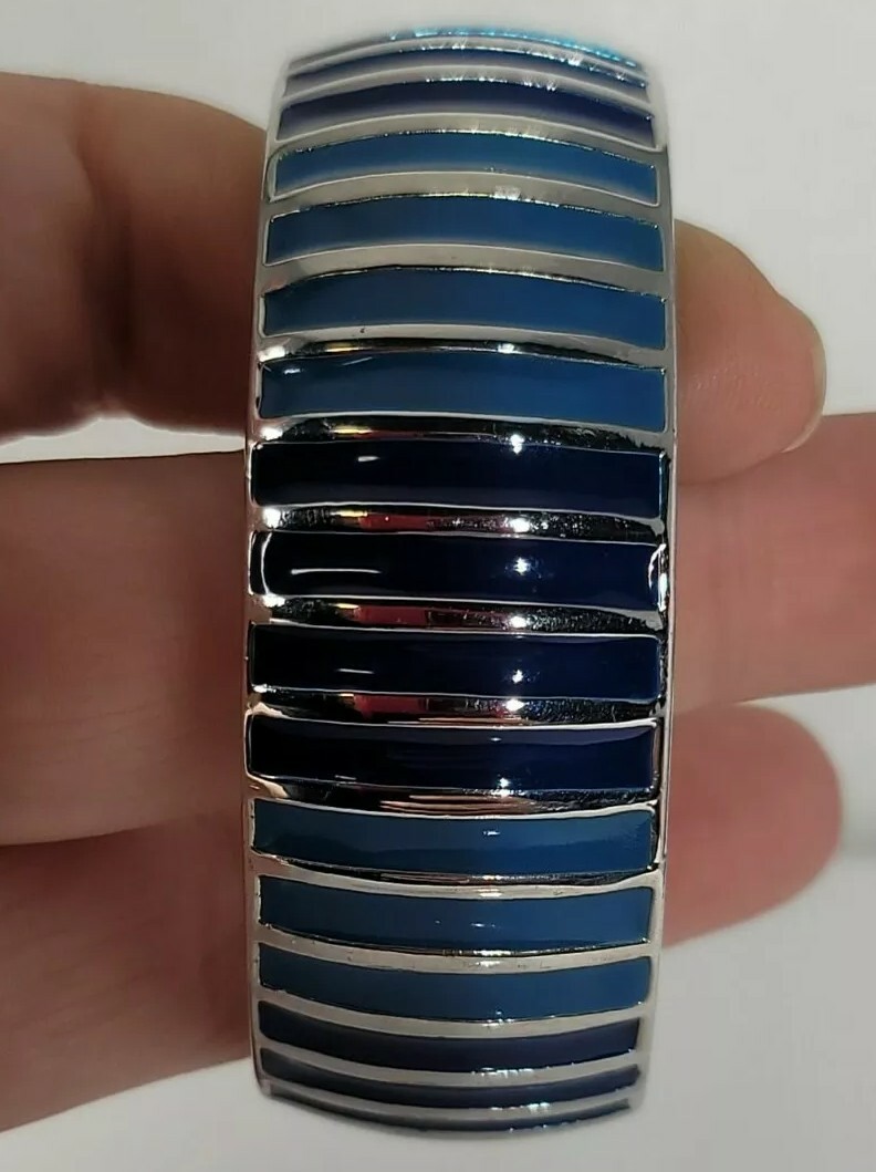 Vintage 6.5 ” Blue Tones Enamel On Silvertone Hinged Cuff Bracelet
