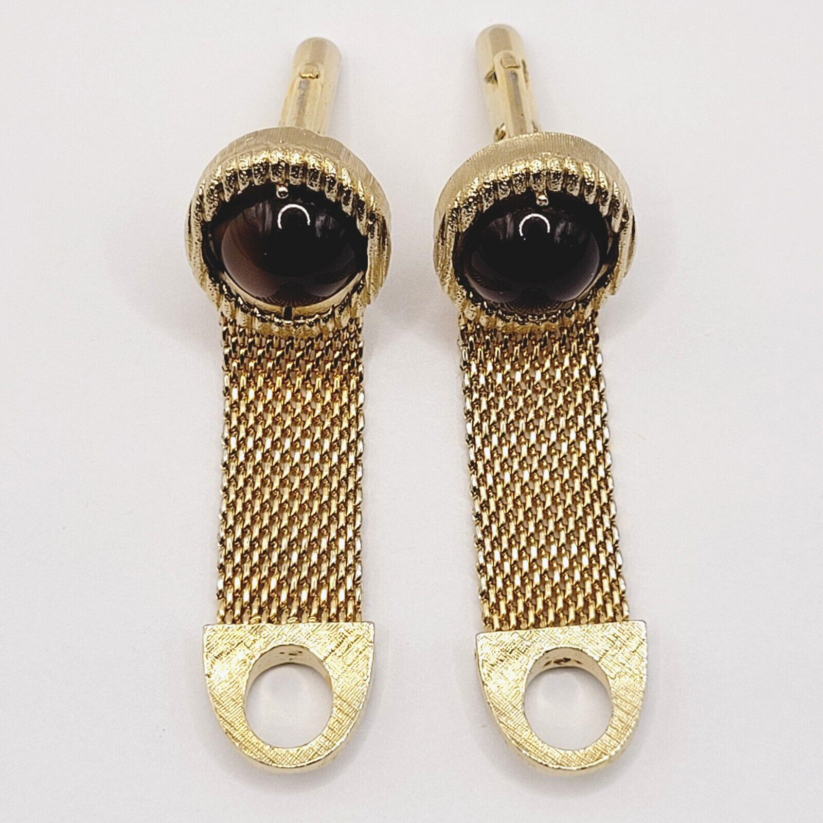 Swank Brown Lucite Tigers Eye Cabochon Center Gold Mesh Wrap Fancy Cufflinks