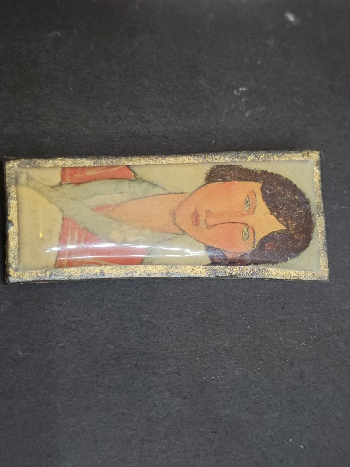 Vintage Woman Portrait Folk Art Brooch Pin Signed CR Wood Backing Rectangle