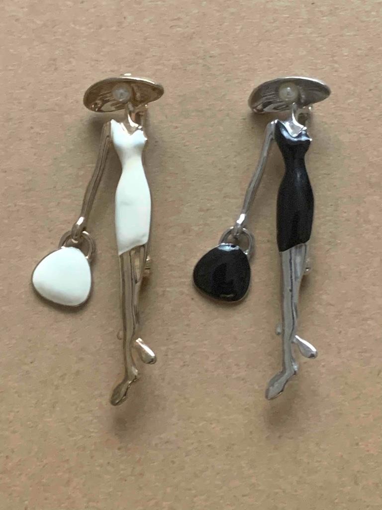 Set of (2) Vintage White & Black Enamel Lady Fashion Brooches