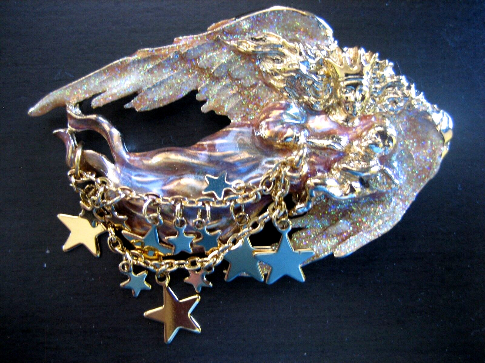 VINTAGE KIRKS FOLLY GUARDIAN ANGEL W/BABY ENAMEL STARS GLITTER BROOCH PIN