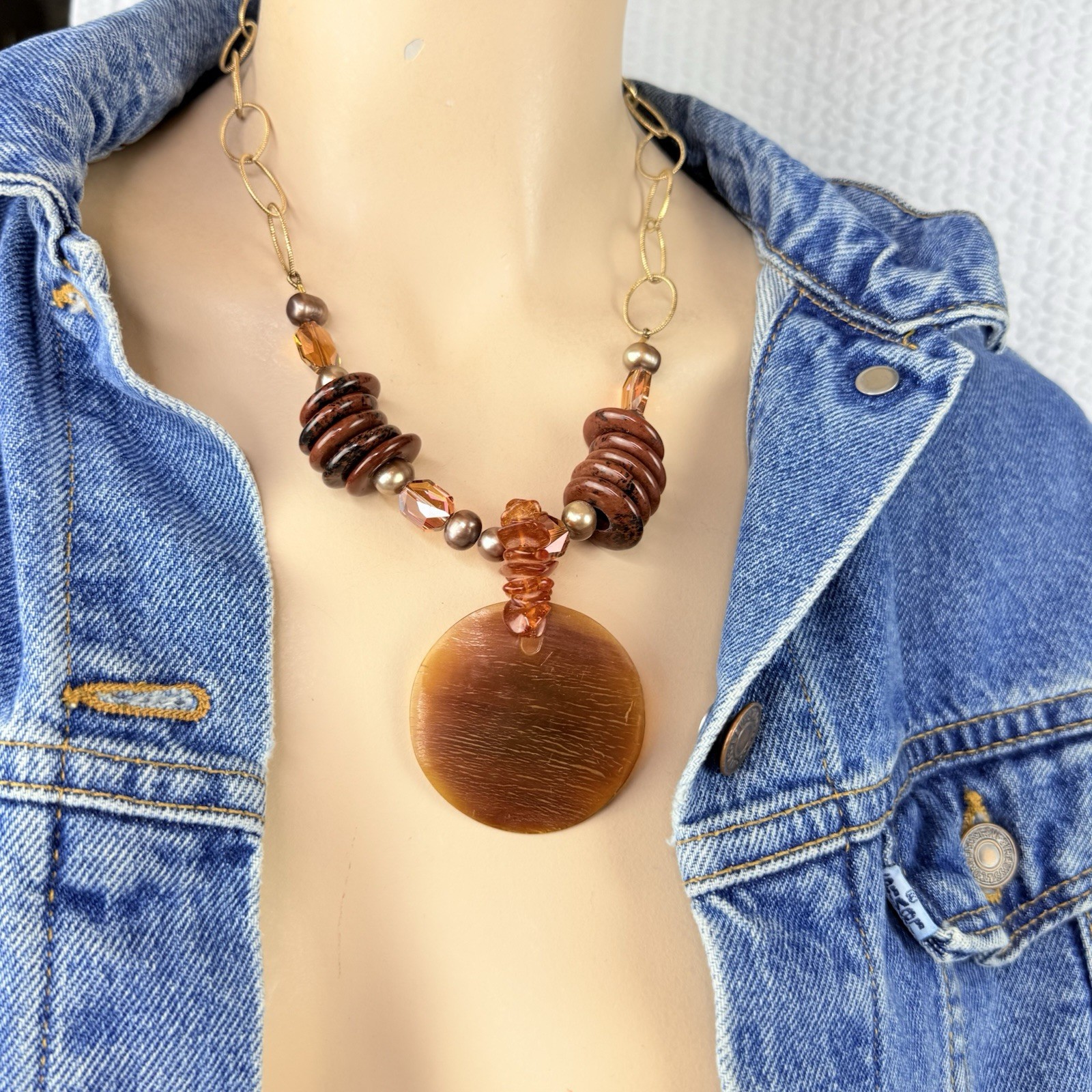 Vintage 14K Gold Filled Baltic Amber Pearl Chunky Chain Link Pendant Necklace