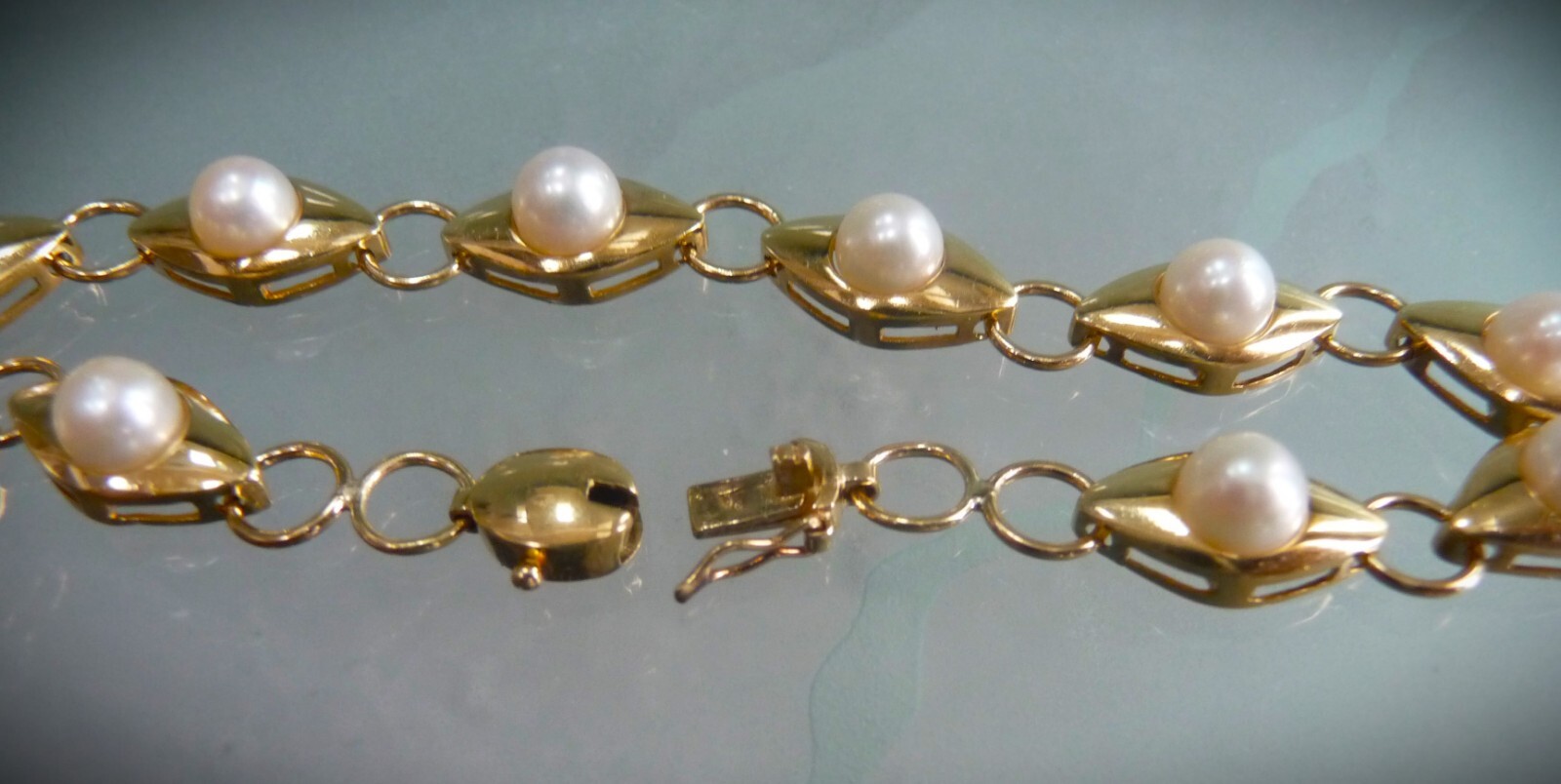 BEAUTIFUL MIKIMOTO LIKE QUALITY 14K 585 CULTURED AKOYA PEARL LINK BRACELET!