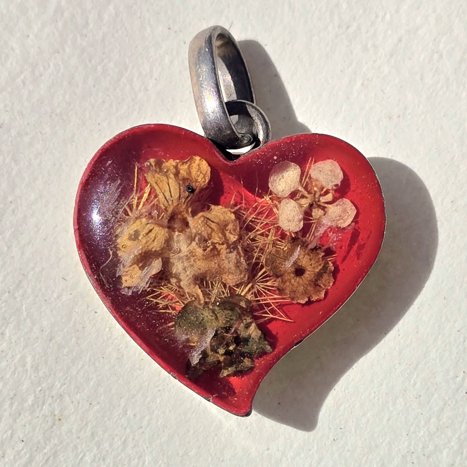 Vintage Sterling Silver Dried Flowers Heart Lucite Pendant Charm