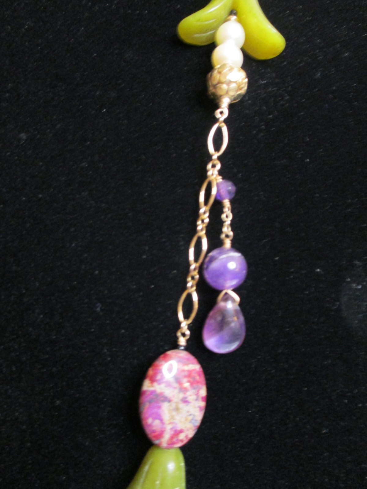 Antique-Like 14K GF Flowerette Necklace w/Jade, Amethyst, Pearl 30.75″L Handmade