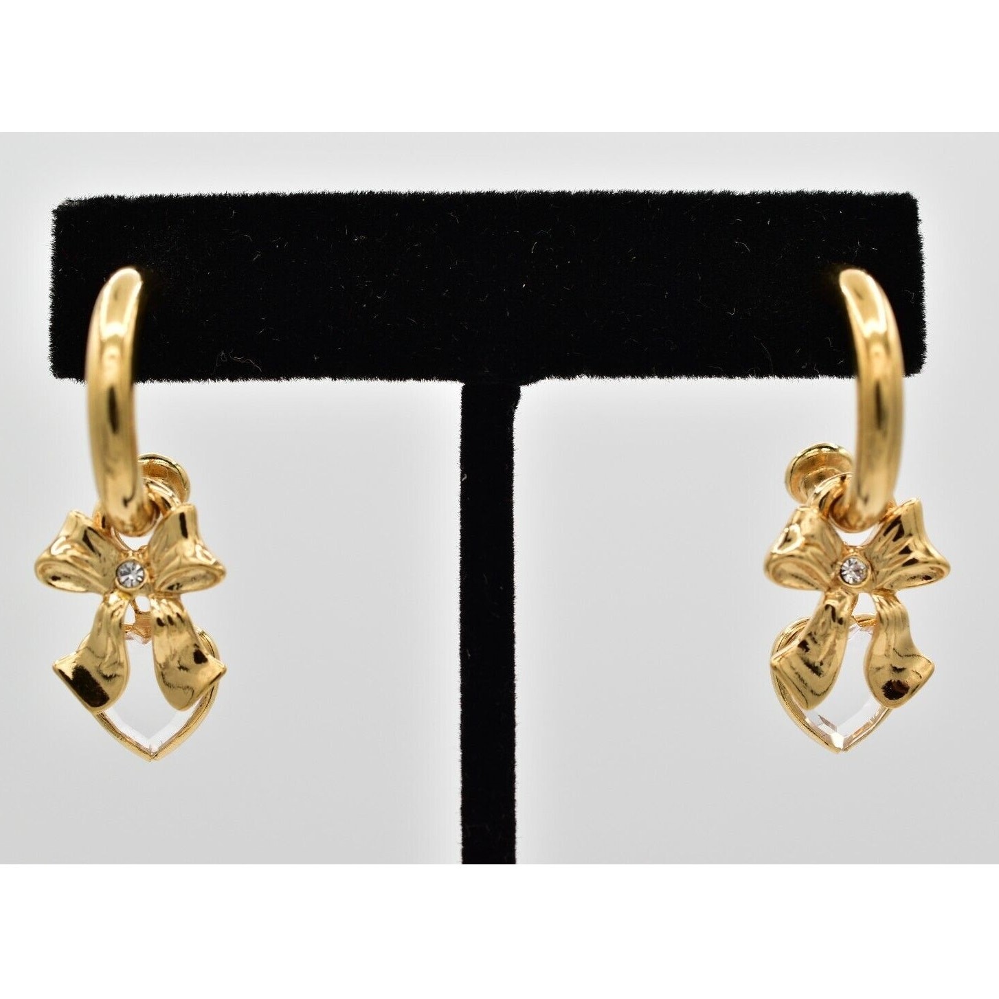 Vintage Hoop Charm Earrings Bow Crystal Bezel Heart Dangle Drop 1990s BinW