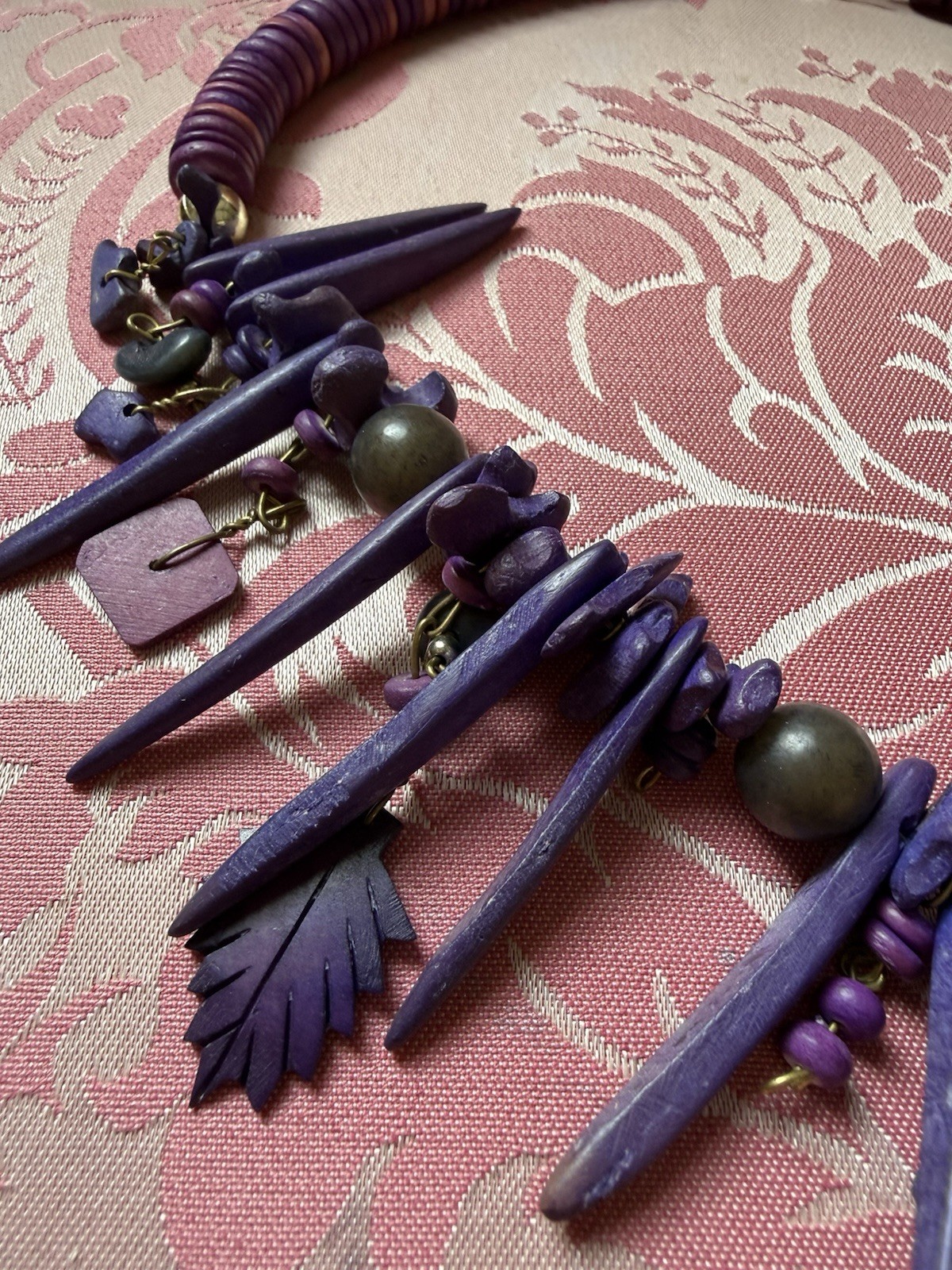 Vintage Funky Spike Purple Wood Leaf Beaded Necklace Tribal Festival Statement