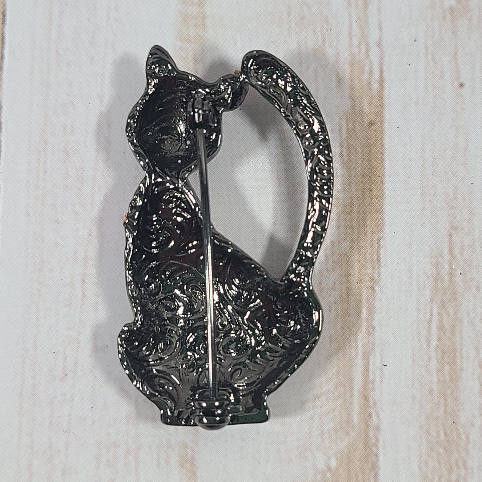 Vintage Black Cat Pin /Brooch Gunmetal-Tone W/Pink Rhinestones 1928 Jewelry Co