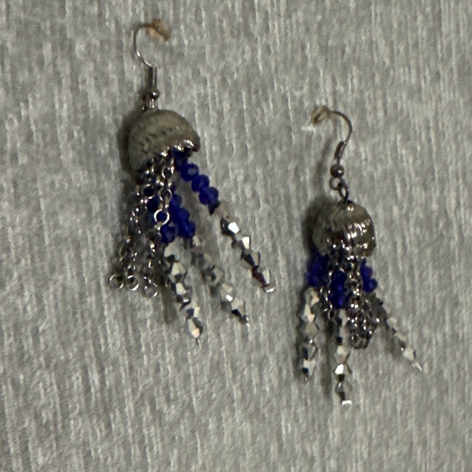Vintage Silver Chain Artisan Blue Crystal Faceted Bead Fringe Statement Earrings