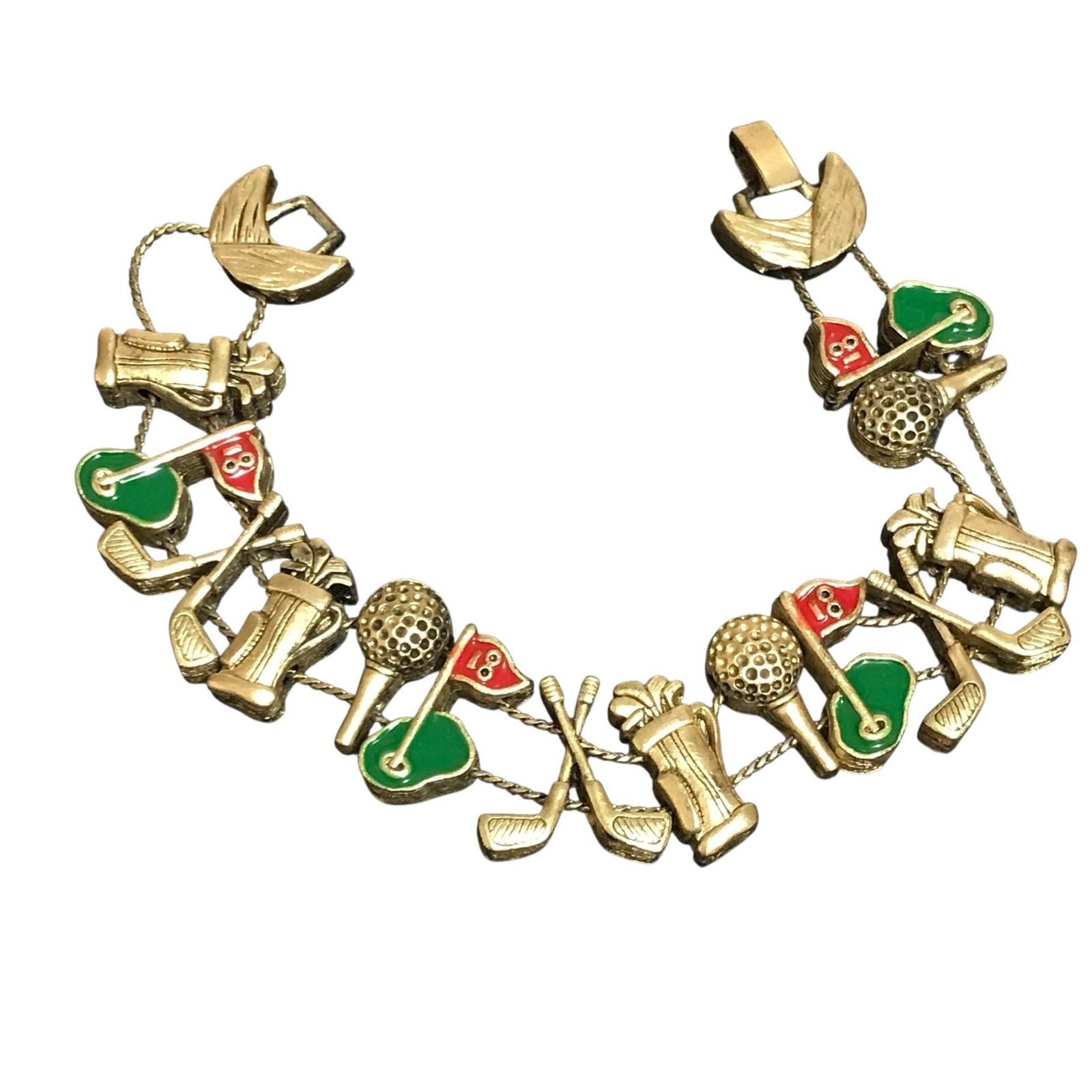 Goldette Vintage Golf Charm Slide Bracelet Gold Tone Enameled 7 Inches