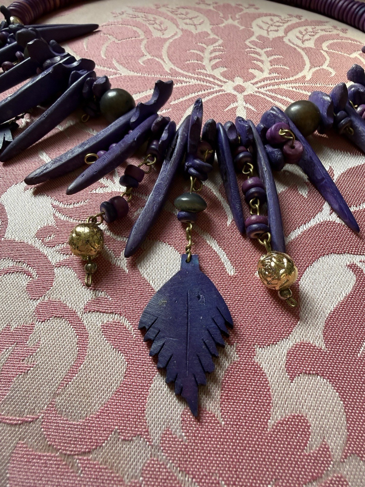 Vintage Funky Spike Purple Wood Leaf Beaded Necklace Tribal Festival Statement