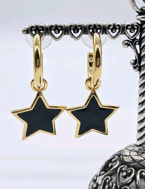 Monet Earrings STAR Charm Gold Tone Hoop 2 in Dangle Drop Vintage Pierced