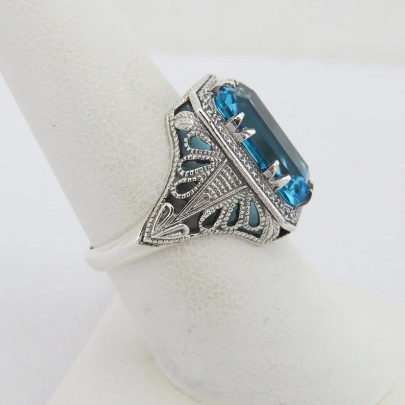 Art Deco Aquamarine Ring Vintage Filigree Aqua Emerald Cut Statement Jewelry