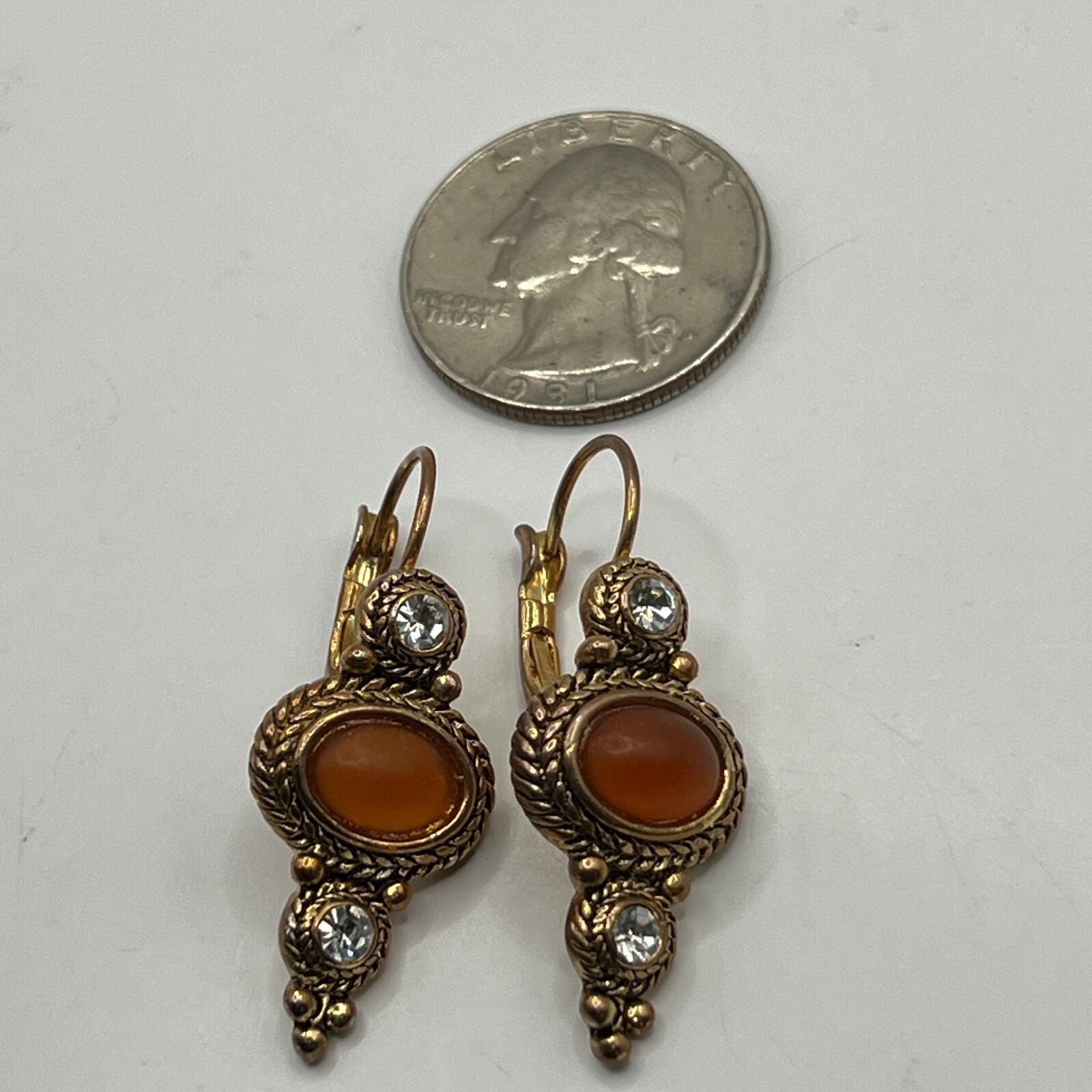 Vintage Pierced Dangle Earrings Clear Crystal Orange Acrylic Stone Drop
