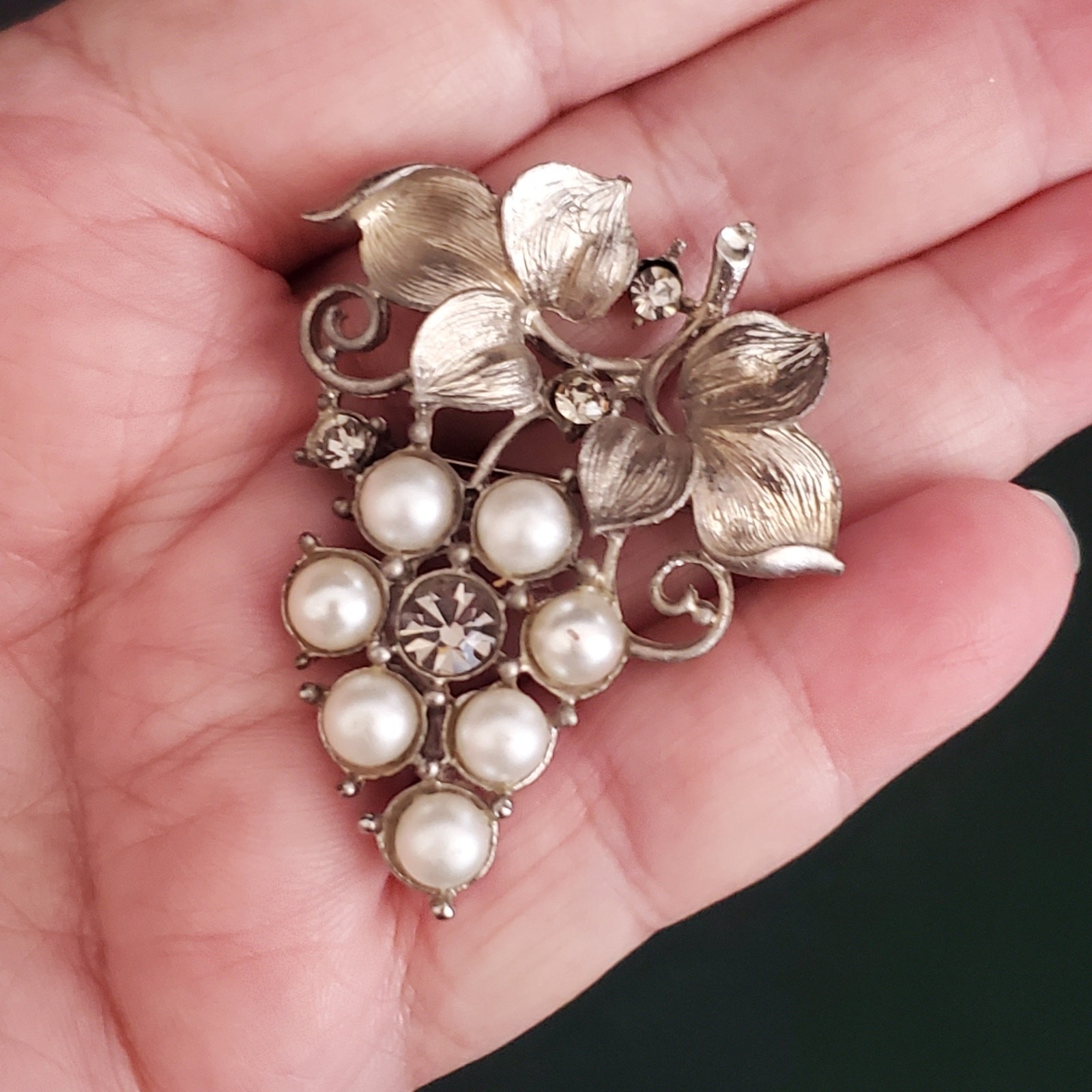 Vintage Grape Cluster Brooch Silver Tone with Rhinestones and Faux Pearls