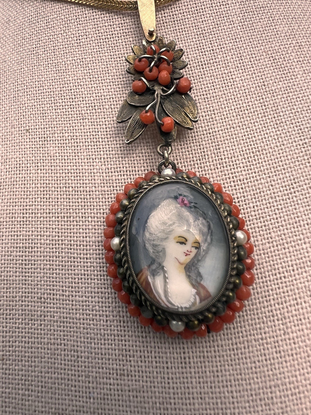 Antique Yellow Gold + Silver Coral Seed Pearls Hand Painted Portrait Pendant