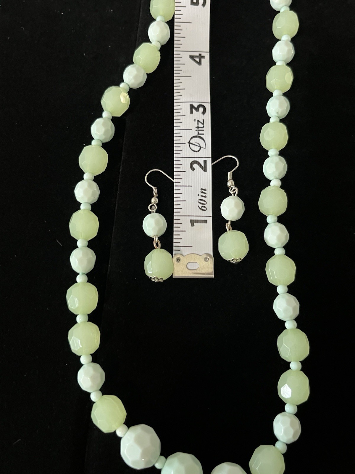 Vintage Light Green Beaded Statement Necklace & Pierced Earrings