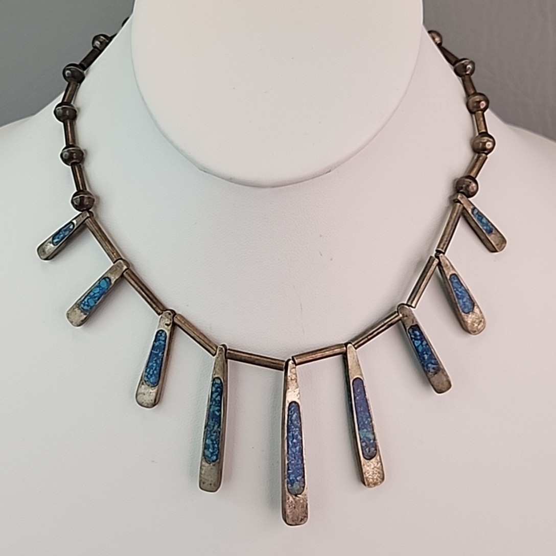 Vintage Mexican Necklace Sterling Silver Turquoise Chip Inlay Fringe Eagle 2