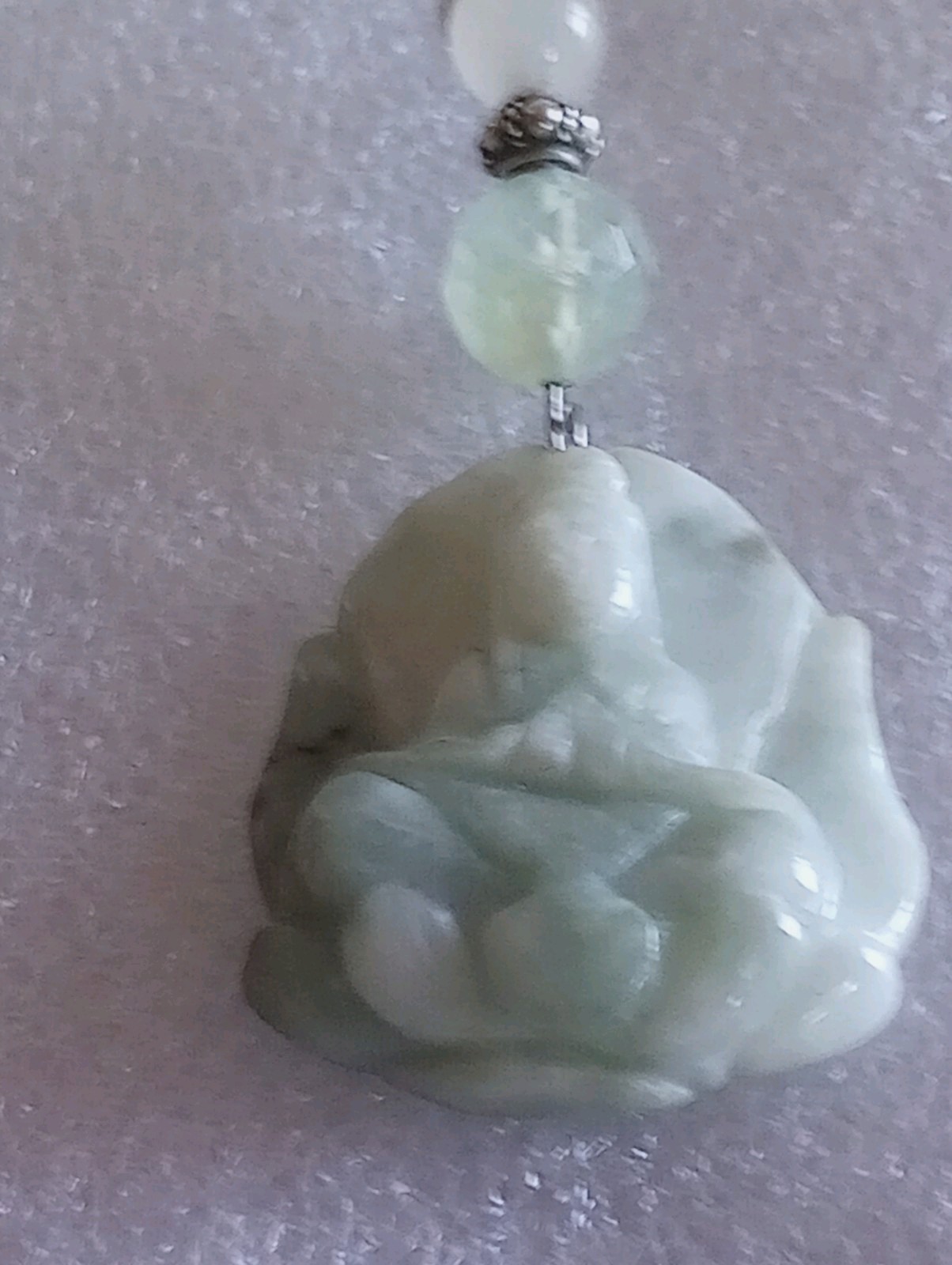 ESTATE HAND CUT JADE QUAN YIN ON A LOTUS W/ HEALING WATER PENDANT JEM STONES