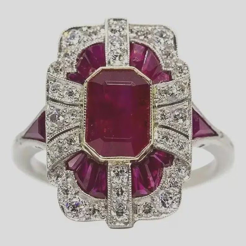 Art Deco 4CT Emerald Cut Real Ruby Vintage Wedding Ring 14K Two-Tone Gold Finish