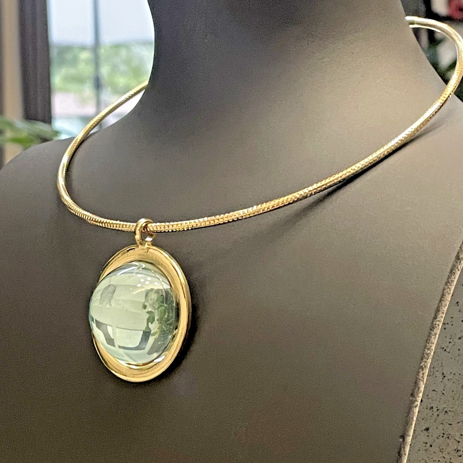 Vintage Flares Jewelry Gold Toned Snake Choker w/Light Blue Dome Crystal Pendant