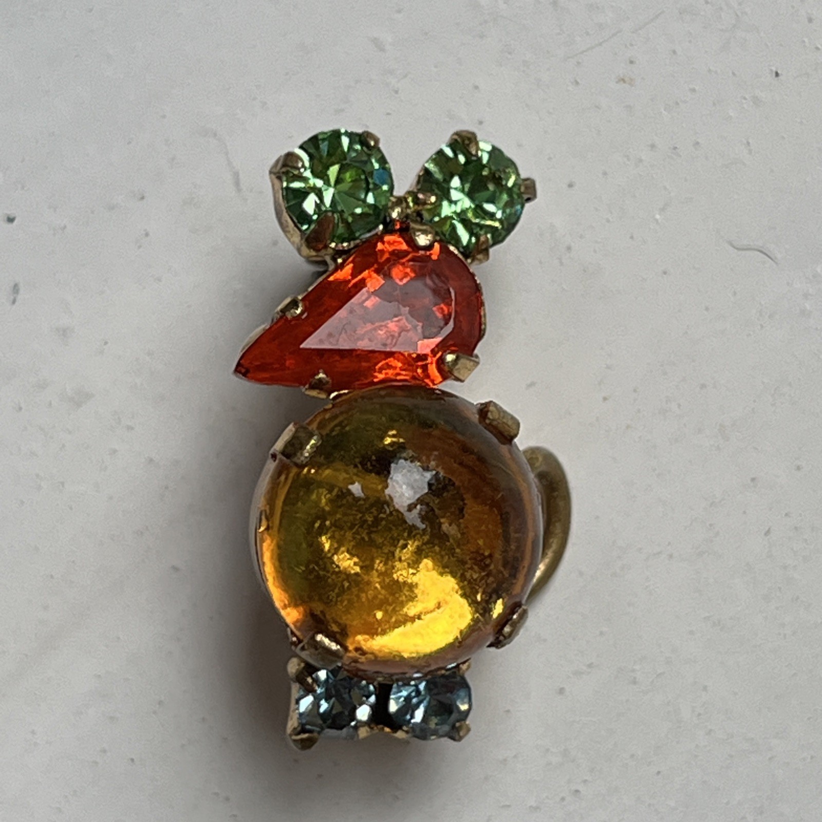 Vintage Made In Austria Mouse Brooch Prong Set Cabochon & Faceted Crystals