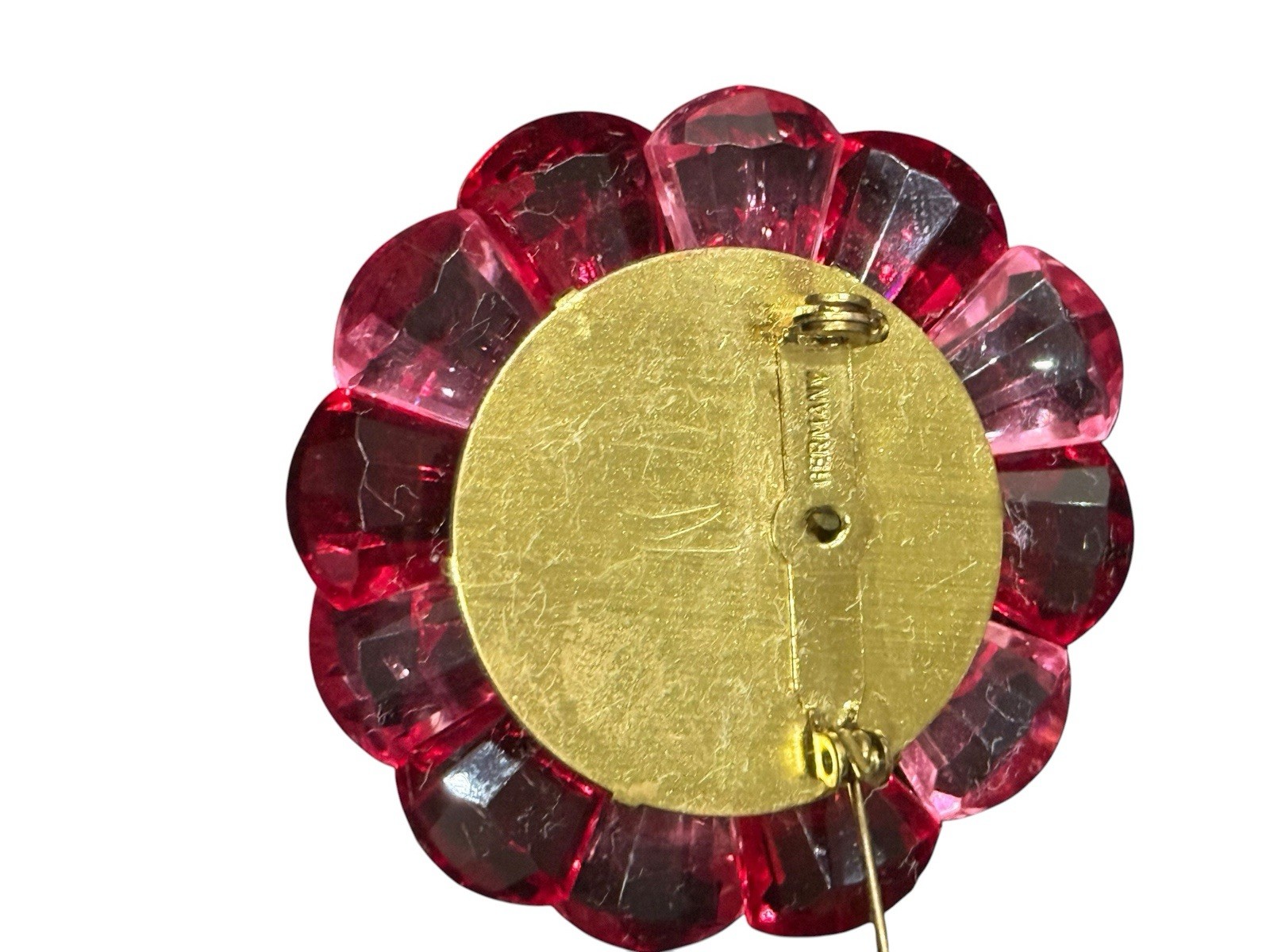 Signed Germany Pink, Red, Fuchsia Mid Century Vintage Lucite Flower Brooch
