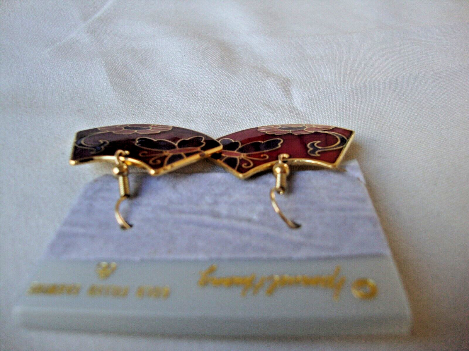 VINTAGE SAMUEL HUANG CLOISONNE BUTTERFLY FLORAL FAN PINK PURPLE & RED EARRINGS