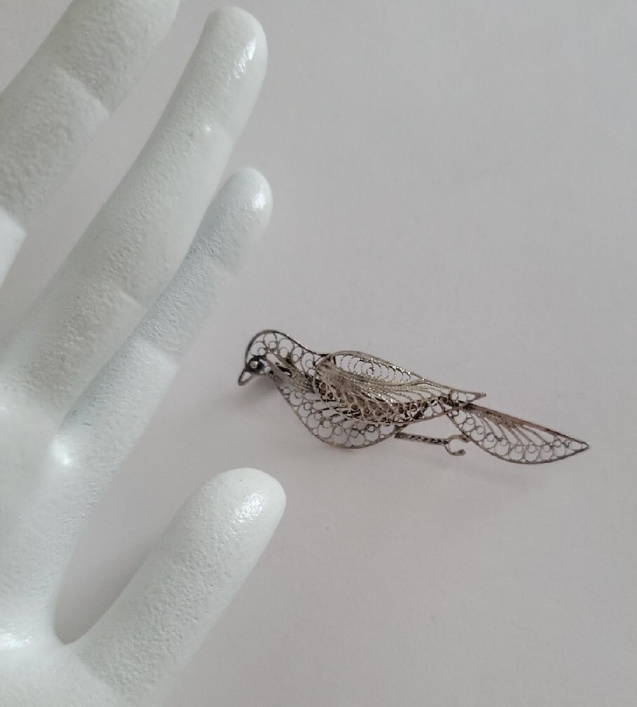 Vintage Cannetille Bird Pin Sterling Silver 925 Filigree