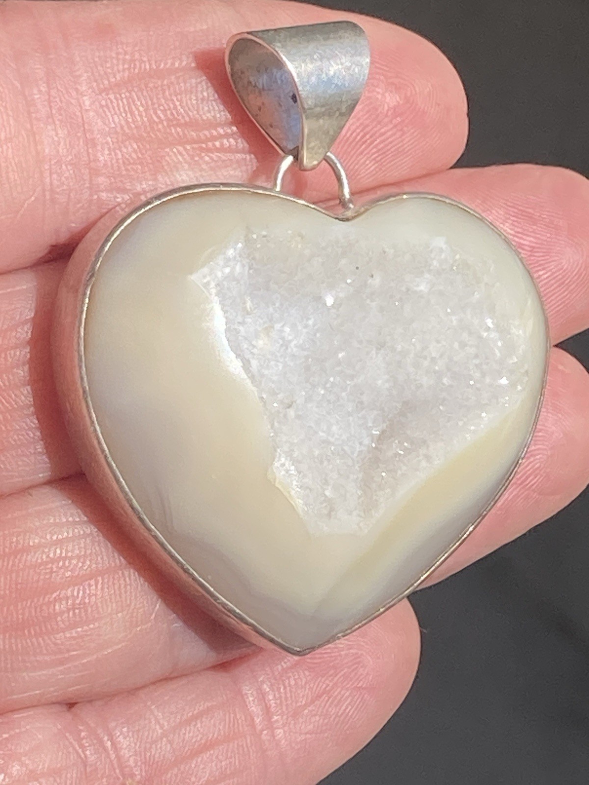 Druzy Pendant Sterling Signed Fifirose 925 Necklace Quartz Heavy Big bail Heart