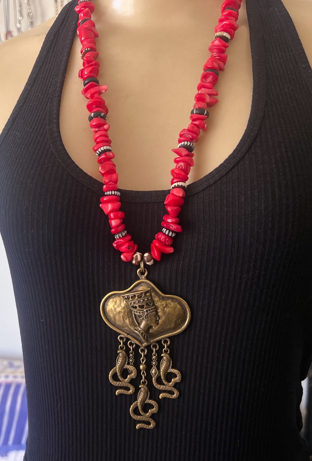 Artisan Necklace Egyptian Revival Nefertiti Pendant Red Coral Beads Cobra Detail