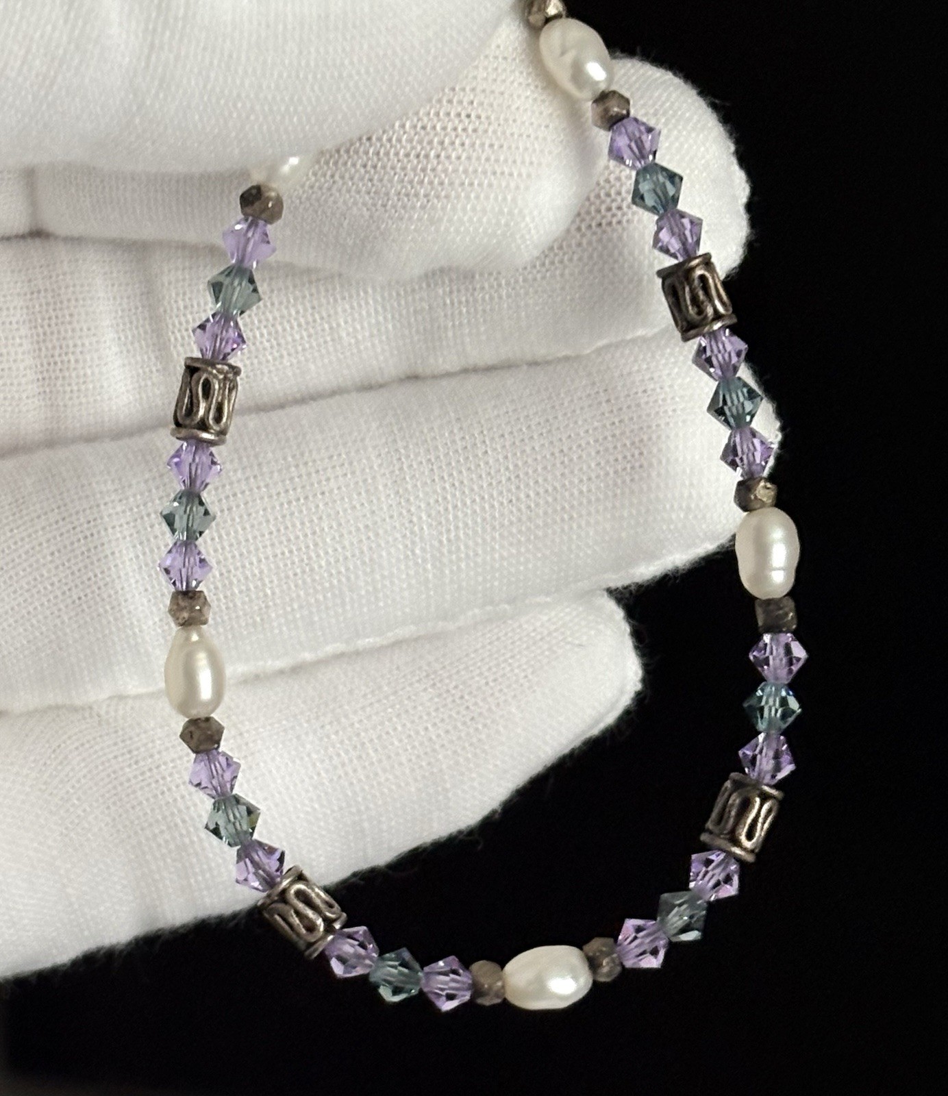 Vintage 925 Sterling Silver Teal and Purple Crystal, Pearl, Bead 7.25” Bracelet