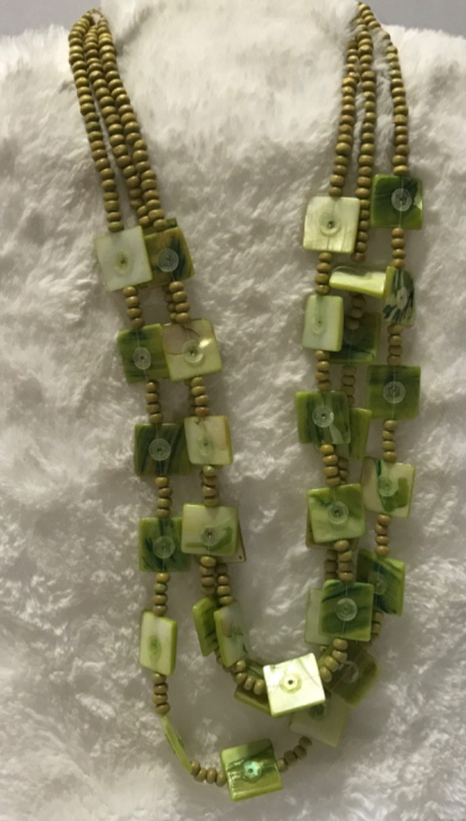 Green Sea Shell Wood Bead Necklace Artisan Handmade Boho Multi Strand
