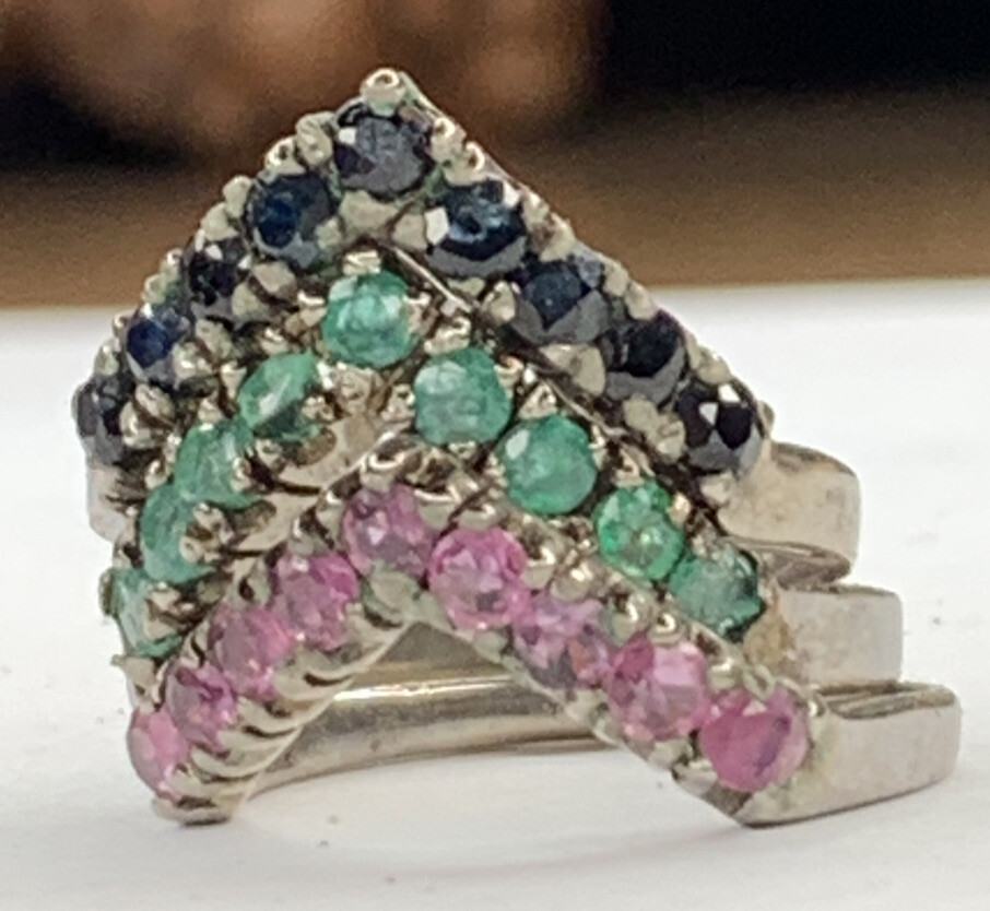 VTG Nikolas Sterling 925 Emerald Ruby Sapphire Chevron V Stackable Rings SZ 6