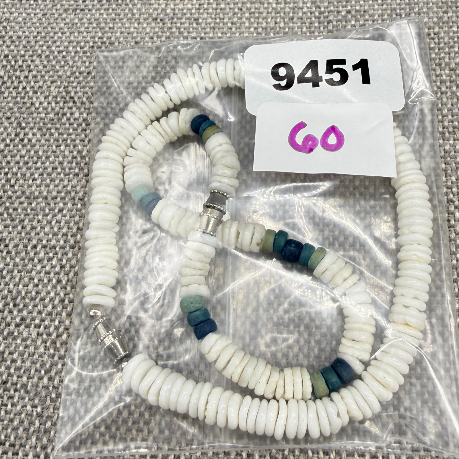Vintage Heishi Bead Bracelet and Anklet Set White Blue Shells