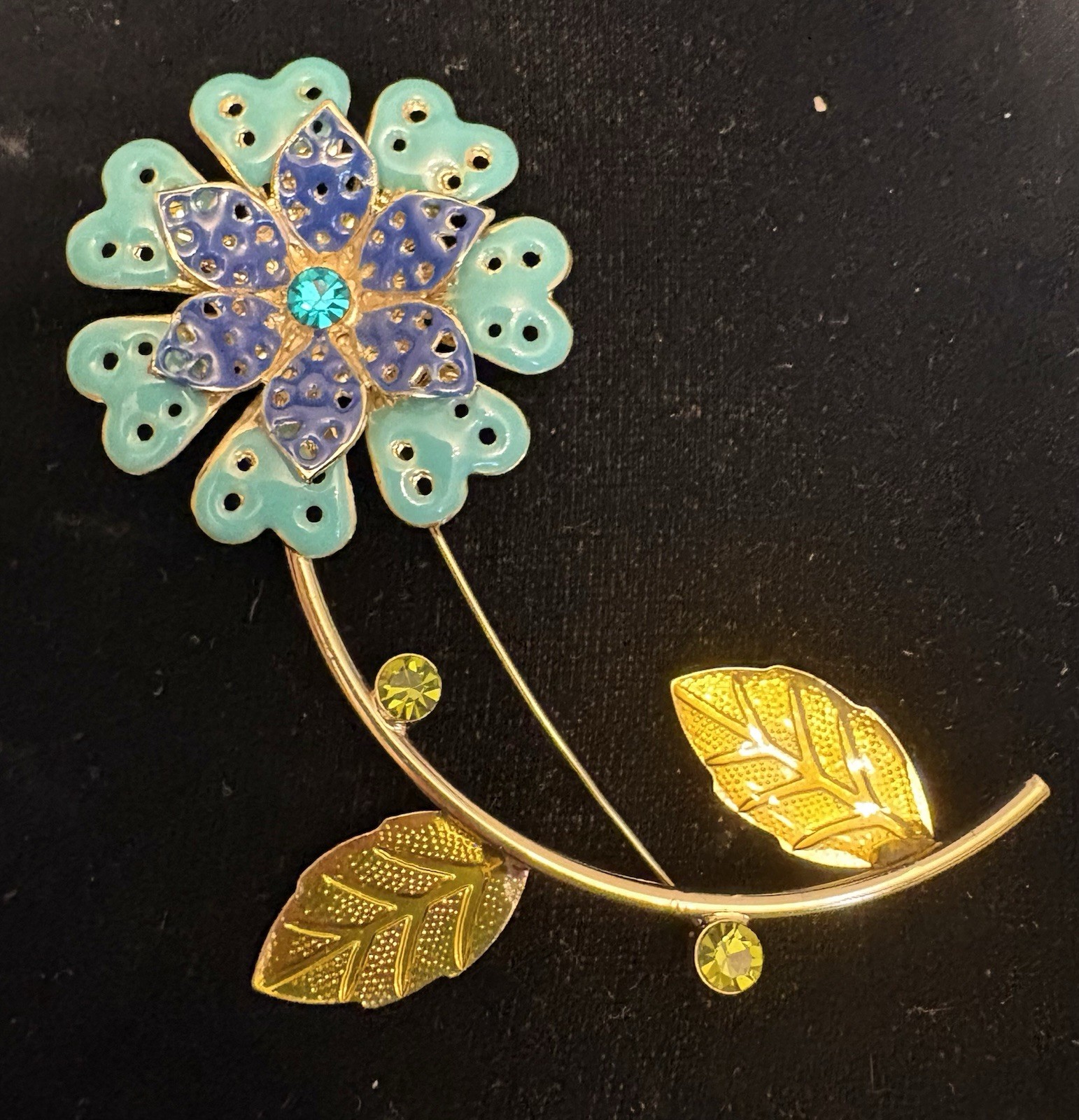 60s vintage Enamel Flower Power Brooch Mod Pop Long Stem Turquoise Lime Cobalt