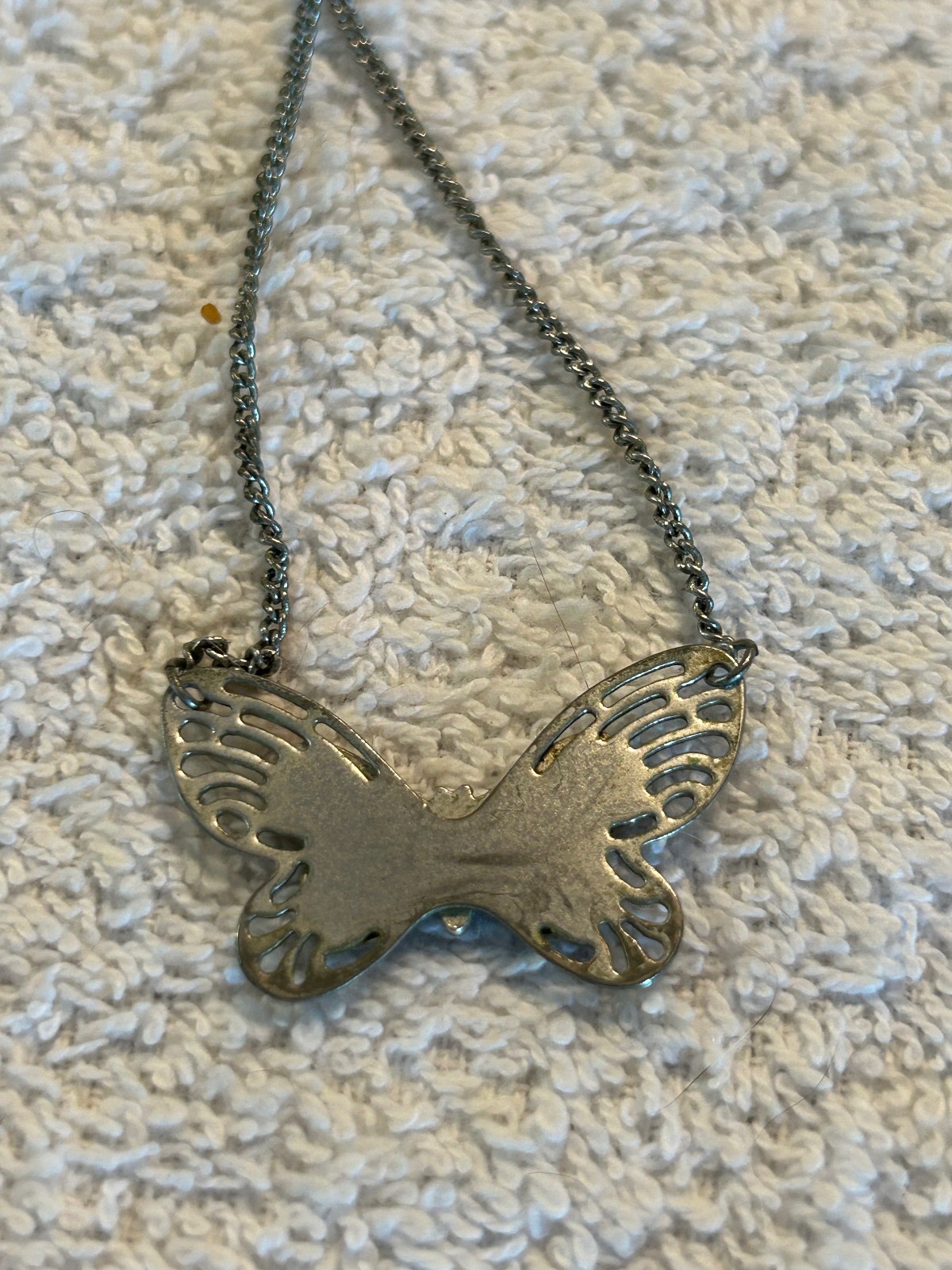 Vintage Butterfly and Oval necklace pair, Abalone Inlaid, Silver Tone, 16″