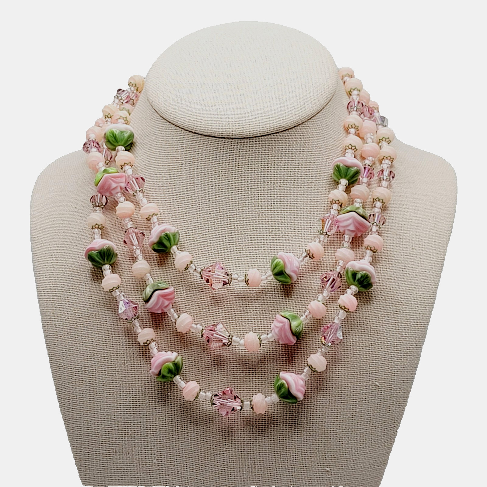 Triple Strand Glass Pink Rosette Green Bottom Rosebuds Bicone Crystal Necklace