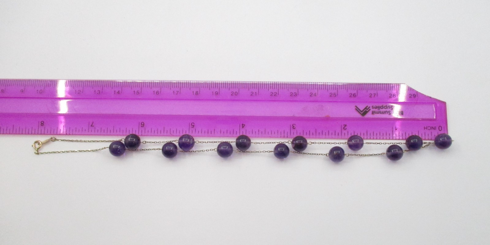 8.0MM Amethyst Bead Tin Cup Style Station Necklace 10 Karat Yellow Gold 17″