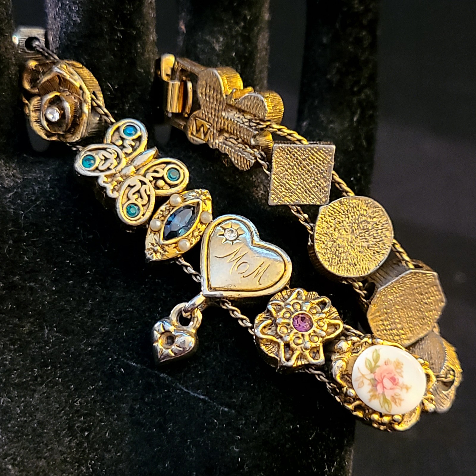 Vintage Victorian Gold Tone Slide Bracelet (14) Charms Mom Cameo Butterfly Heart